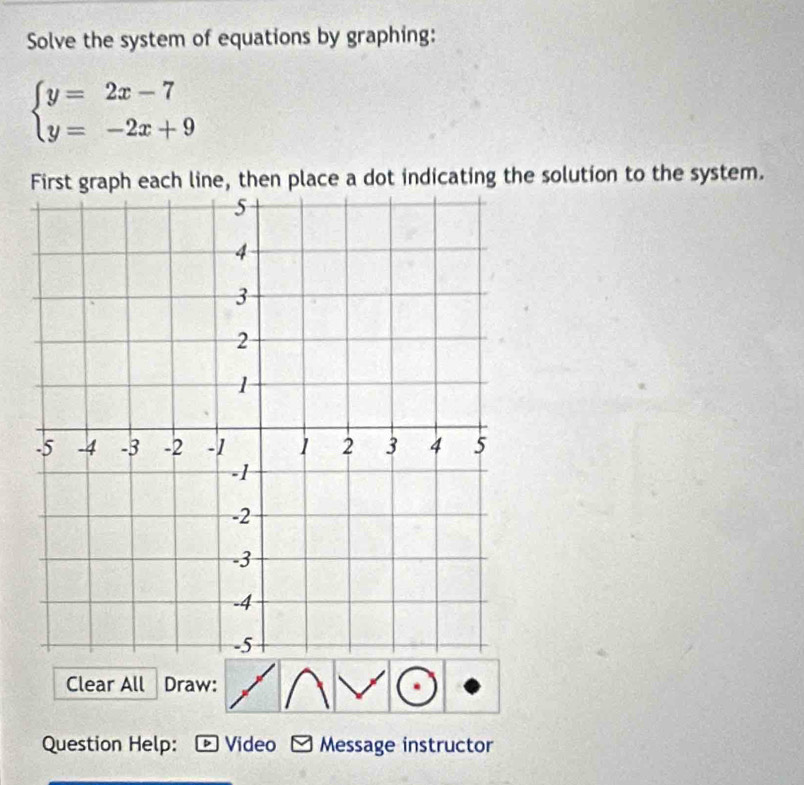 Solve the system of equations by graphing:
beginarrayl y=2x-7 y=-2x+9endarray.
First graph each line, then place a dot indicating the solution to the system. 
Clear All Draw: 
Question Help: * Video Message instructor