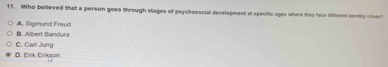 Who believed that a person goes through stages of psychosocial development at specific ages where they face different identity crises?
A. Sigmund Freud
B. Albert Bandura
C. Carl Jung
D. Erik Erikson