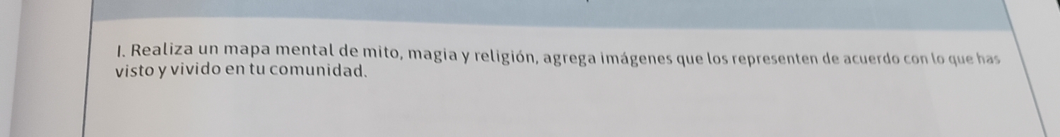 Realiza un mapa mental de mito, magia y religión, agrega imágenes que los representen de acuerdo con lo que has 
visto y vivido en tu comunidad.