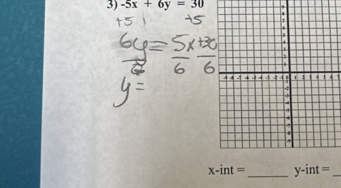 -5x+6y=30
9 
1
x-int=
_ y-int= _