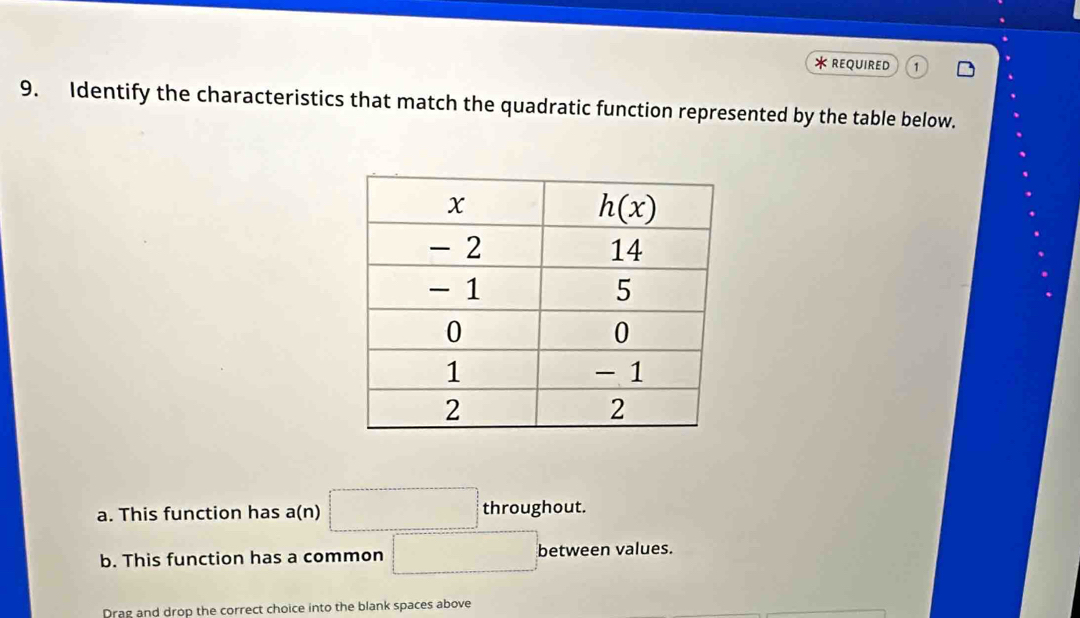 REQUIRED 1
9. Identify the characteristics that match the quadratic function represented by the table below.
a. This function has a(n) □ througho ut.
b. This function has a common □ b between values.
Drag and drop the correct choice into the blank spaces above