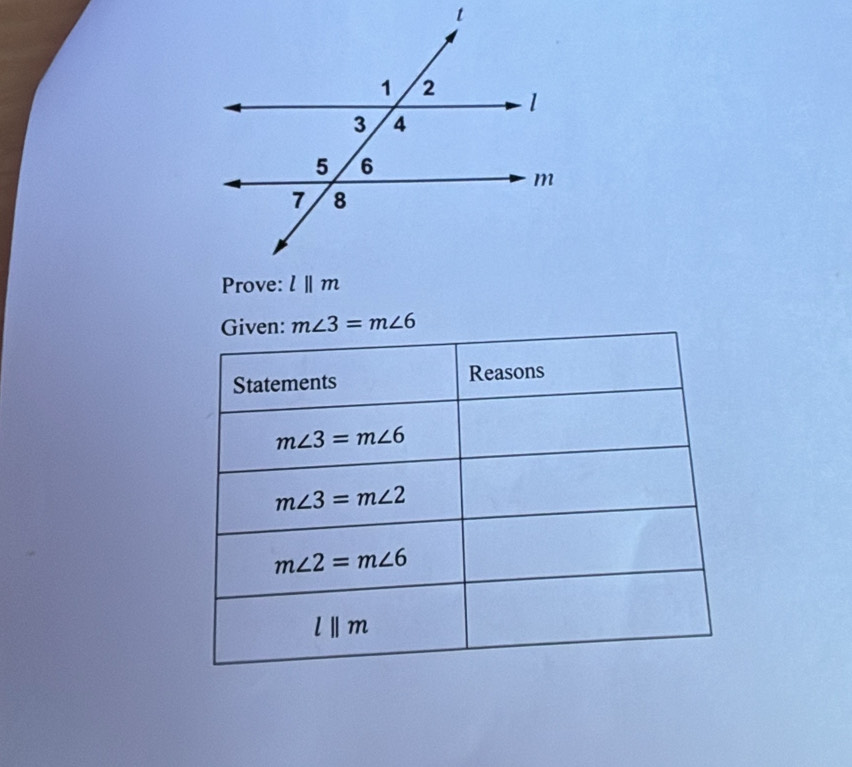 Given: m∠ 3=m∠ 6