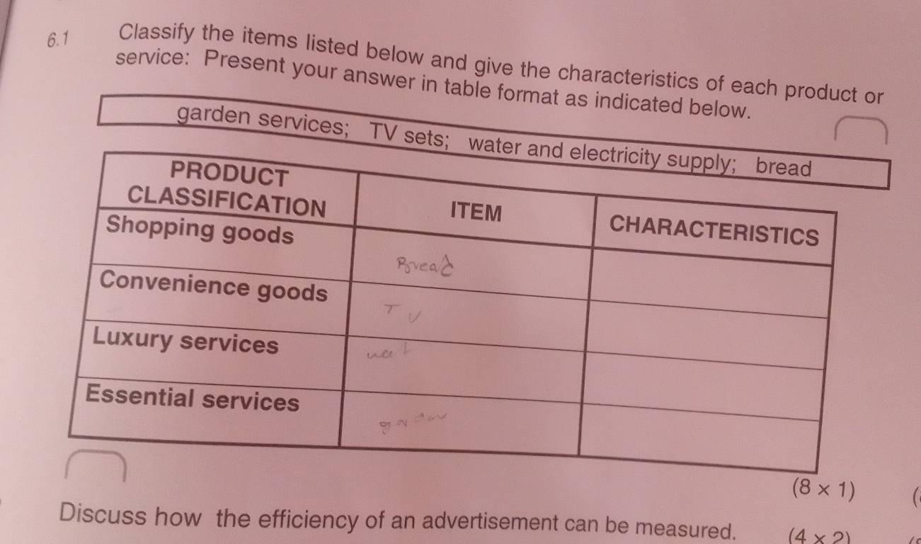 6.1 Classify the items listed below and give the characteristics of each product or 
service: Present your answer in table format as indicated below. 
garden service
(8* 1) C 
Discuss how the efficiency of an advertisement can be measured. (4* 2)