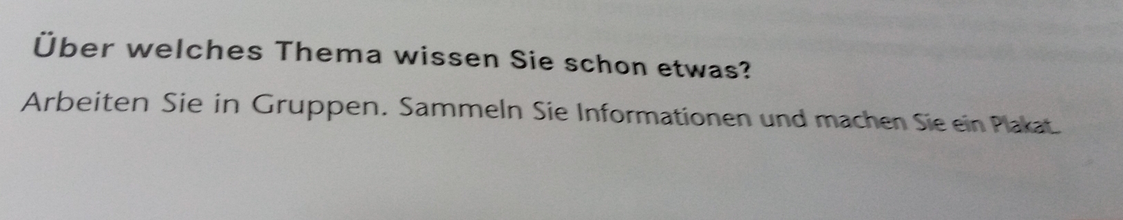 Über welches Thema wissen Sie schon etwas? 
Arbeiten Sie in Gruppen. Sammeln Sie Informationen und machen Sie ein Plakat.