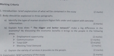 Marking Criteria 
1. Introduction- brief explanation of what will be contained in the essay (2 marks) 
2. Body should be explained in three paragraphs. 
a) Identify the type of market structure Digicel falls under and support with concrete 
information. (3 marks) 
b) Explain how does '' The bigger and better network' make a big difference in the 
economy? By discussing the ecanomic benefits it brings to the people in the following areas. 
Communication Employment apportunity 
(2 marks) 
Total GDP (2 marks) 
Meeting Total Demand (2 marks) (2 marks) 
c) Explain the variety of services it provides to the people. (2 marks) 
Conclusion- brief summery of the essay 2 marks)