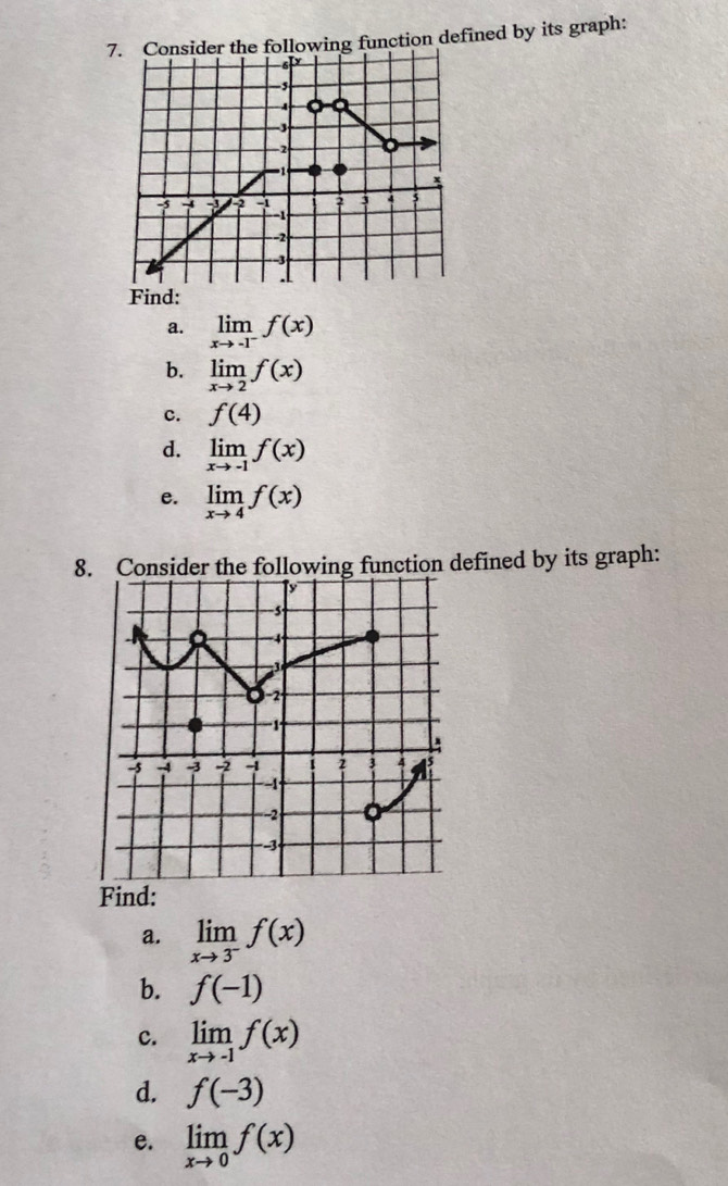 7e following function defined by its graph: 
a. limlimits _xto -1^-f(x)
b. limlimits _xto 2f(x)
c. f(4)
d. limlimits _xto -1f(x)
e. limlimits _xto 4f(x)
8. Consider the following function defined by its graph:
y
-5
4
3
-2
-1
-5 -4 -3 -2 1 2 3 4
--1
2 
Find: 
a. limlimits _xto 3^-f(x)
b. f(-1)
c. limlimits _xto -1f(x)
d. f(-3)
e. limlimits _xto 0f(x)