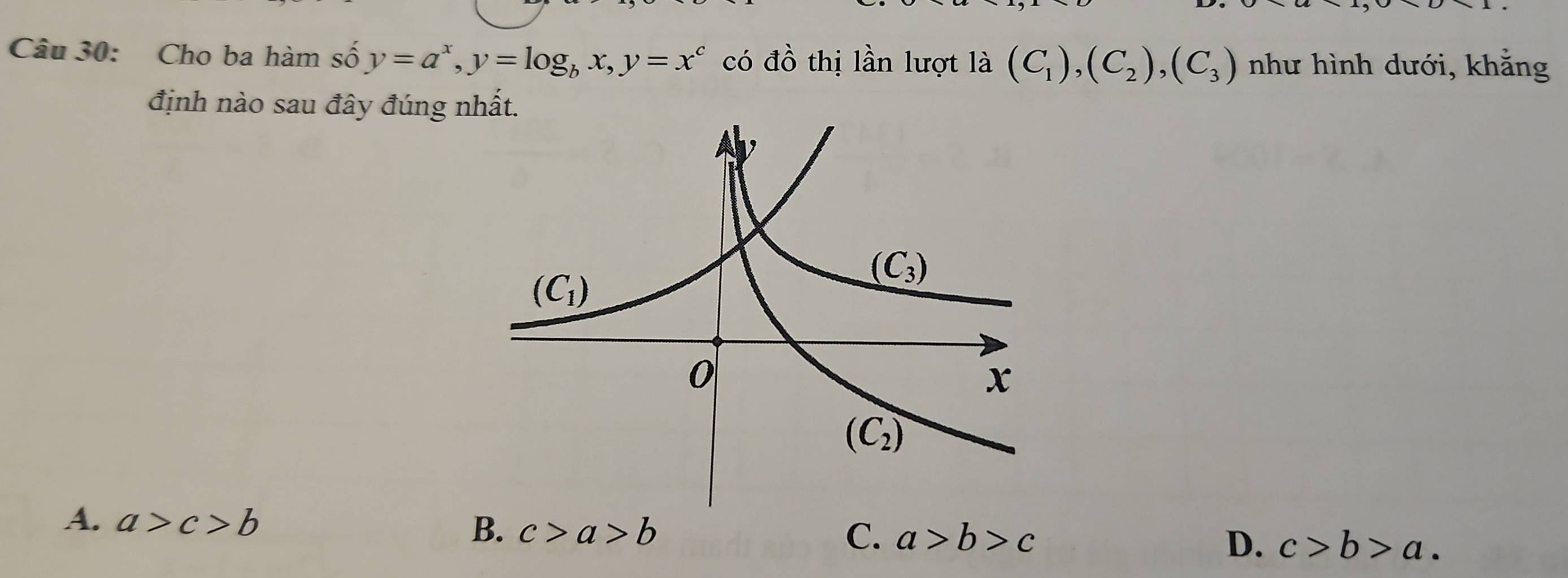 Cho ba hàm số y=a^x,y=log _bx,y=x^c có đồ thị lần lượt là (C_1),(C_2),(C_3) như hình dưới, khắng
định nào sau đây đúng nhất.
A. a>c>b
B. c>a>b C. a>b>c
D. c>b>a.