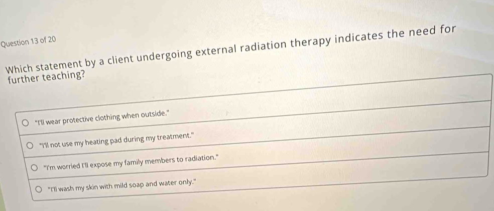 statement by a client undergoing external radiation therapy indicates the need for