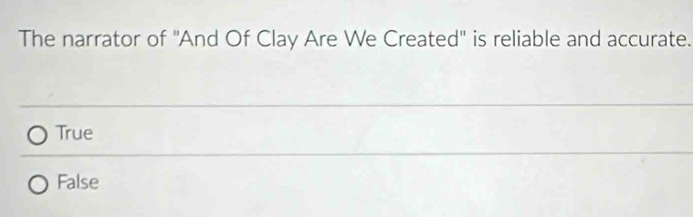 The narrator of ''And Of Clay Are We Created'' is reliable and accurate.
True
False