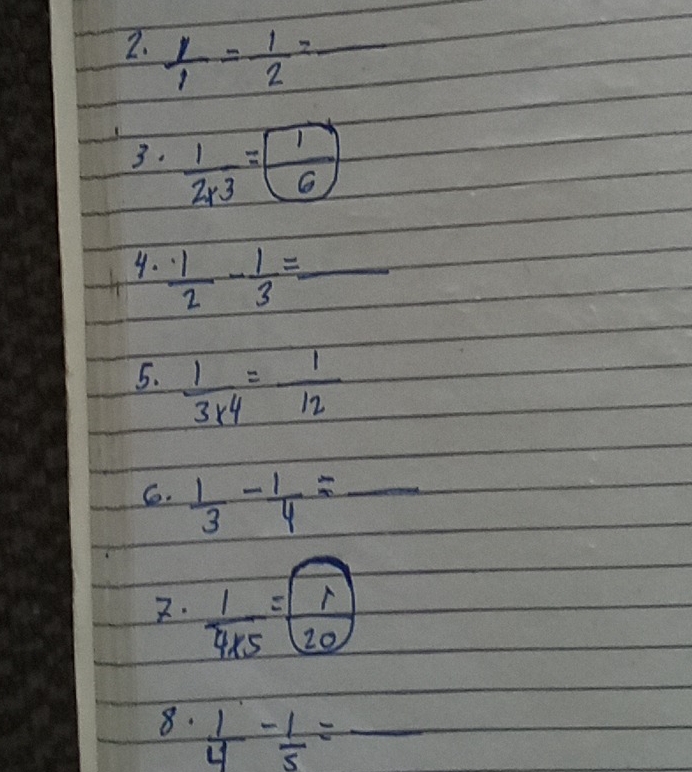  1/1 = 1/2 =_  _ 
3.  1/2* 3 = 1/6 
4.  1/2 - 1/3 =_ 
5.  1/3* 4 = 1/12 
6.  1/3 - 1/4 =_ 
7.  1/4* 5 = 1/20 
8.  1/4 - 1/5 = _ frac a°F_1|(|F))^2f(x)= sqrt(2)/2 