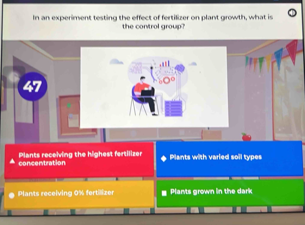 In an experiment testing the effect of fertilizer on plant growth, what is
the control group?
Plants receiving the highest fertilizer Plants with varied soil types
concentration
Plants receiving 0% fertilizer Plants grown in the dark