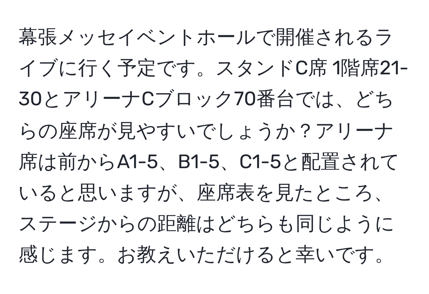 幕張メッセイベントホールで開催されるライブに行く予定です。スタンドC席 1階席21-30とアリーナCブロック70番台では、どちらの座席が見やすいでしょうか？アリーナ席は前からA1-5、B1-5、C1-5と配置されていると思いますが、座席表を見たところ、ステージからの距離はどちらも同じように感じます。お教えいただけると幸いです。