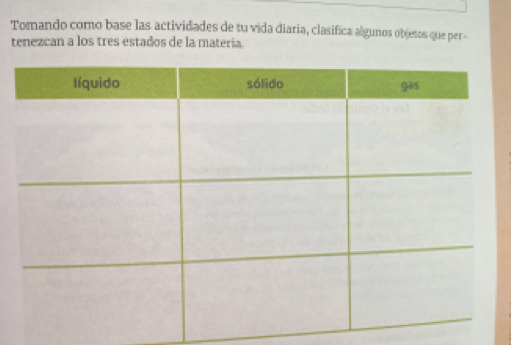 Tomando como base las actividades de tu vida diaria, clasifica algunos objetos que per- 
tenezcan a los tres estados de la matería.