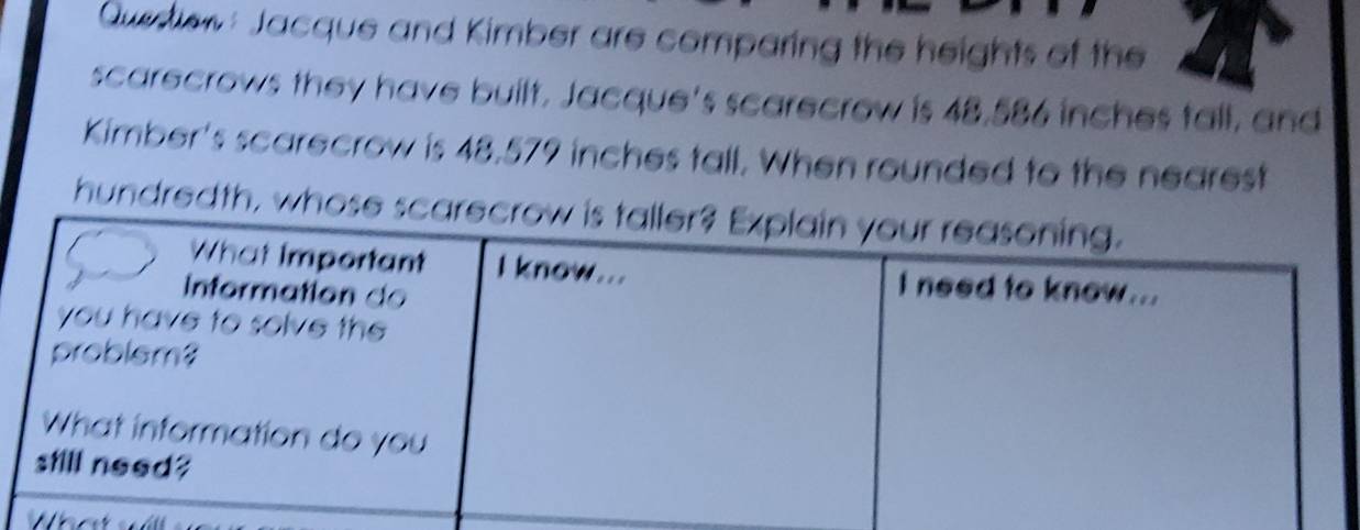 Quedion : Jacque and Kimber are comparing the heights of the 
scarecrows they have built, Jacque's scarecrow is 48,586 inches tall, and 
Kimber's scarecrow is 48,579 inches tall. When rounded to the nearest 
hundredth, whose s