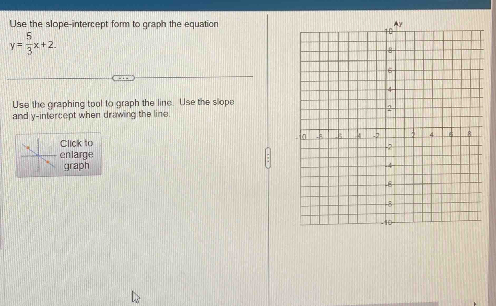 Use the slope-intercept form to graph the equation
y= 5/3 x+2. 
Use the graphing tool to graph the line. Use the slope 
and y-intercept when drawing the line. 
Click to 
enlarge 
. 
graph