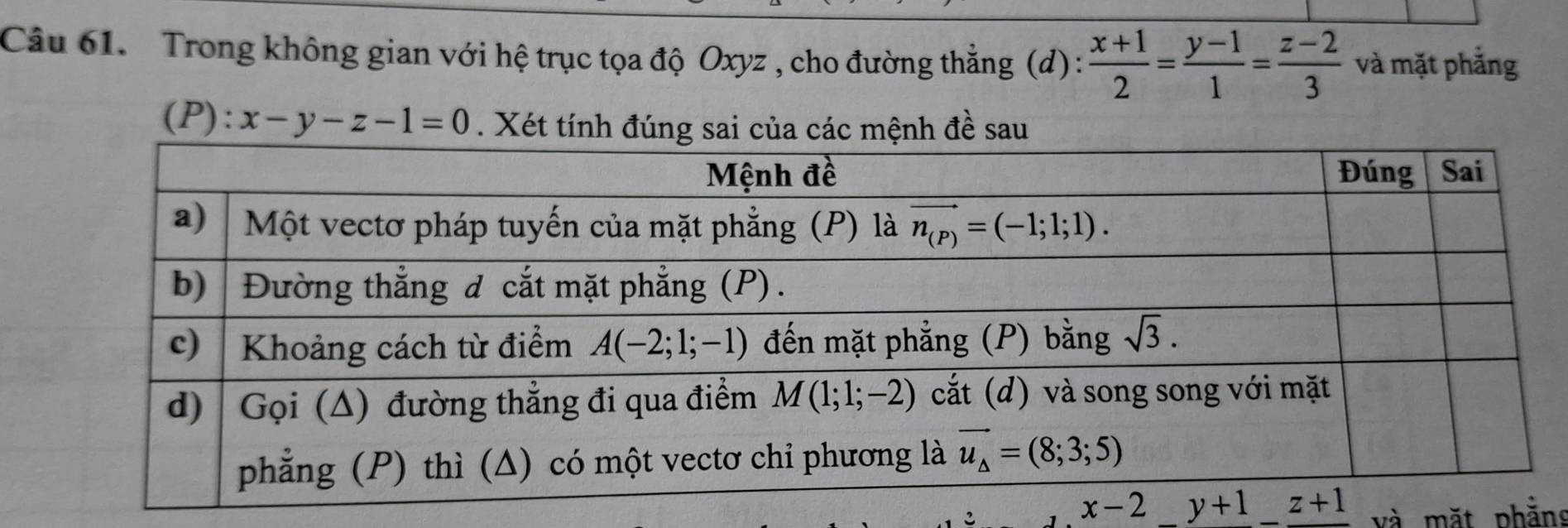 Trong không gian với hệ trục tọa độ Oxyz , cho đường thẳng (d):  (x+1)/2 = (y-1)/1 = (z-2)/3  và mặt phẳng
(P): x-y-z-1=0. Xét tính đúng sai của các mệnh đề sau
và mặt phẳns