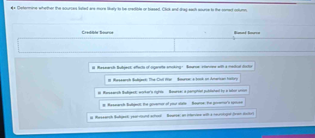 Determine whether the sources listed are more likely to be credible or biased. Click and drag each source to the correct column.
Credible Source Biased Source
:: Research Subject: effects of cigarette smoking= Source: interview with a medical doctor
:: Research Subject: The Civil War Source: a book on American history
:: Research Subject: worker's rights Source: a pamphlet published by a labor union
#: Research Subject: the govemor of your state Source: the governor's spouse
:: Research Subject: year-round school Source: an interview with a neurologist (brain doctor)