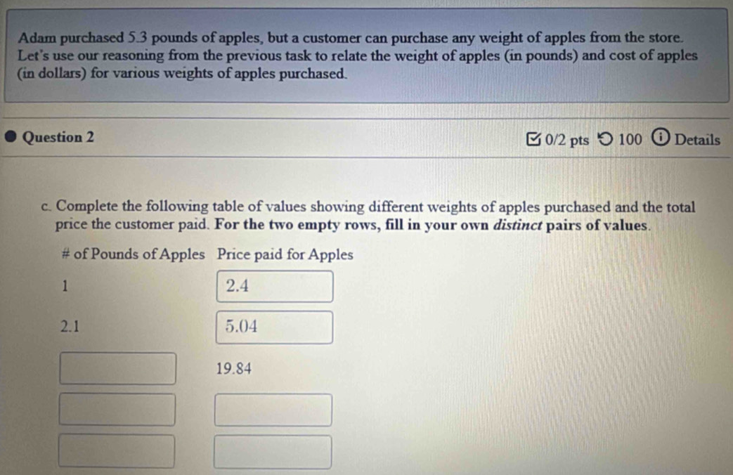 Adam purchased 5.3 pounds of apples, but a customer can purchase any weight of apples from the store. 
Let's use our reasoning from the previous task to relate the weight of apples (in pounds) and cost of apples 
(in dollars) for various weights of apples purchased. 
Question 2 0/2 pts つ 100 ① Details 
c. Complete the following table of values showing different weights of apples purchased and the total 
price the customer paid. For the two empty rows, fill in your own distinct pairs of values. 
# of Pounds of Apples Price paid for Apples 
1 2.4
2.1 5.04
19.84