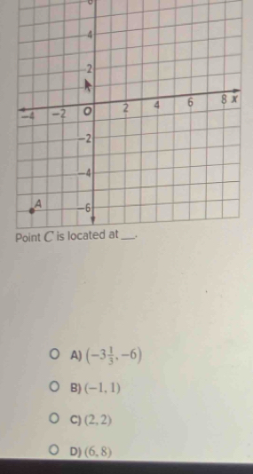 A) (-3 1/3 ,-6)
B) (-1,1)
C) (2,2)
D) (6,8)