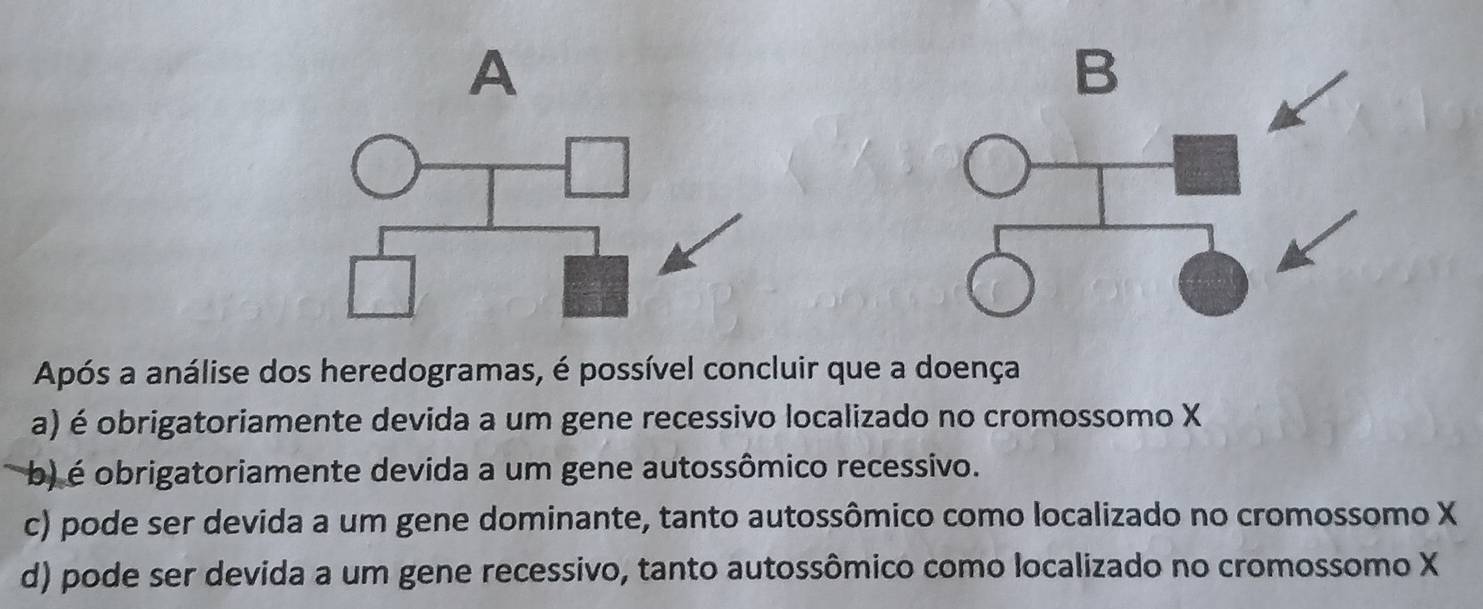 A
B
Após a análise dos heredogramas, é possível concluir que a doença
a) é obrigatoriamente devida a um gene recessivo localizado no cromossomo X
b) é obrigatoriamente devida a um gene autossômico recessivo.
c) pode ser devida a um gene dominante, tanto autossômico como localizado no cromossomo X
d) pode ser devida a um gene recessivo, tanto autossômico como localizado no cromossomo X