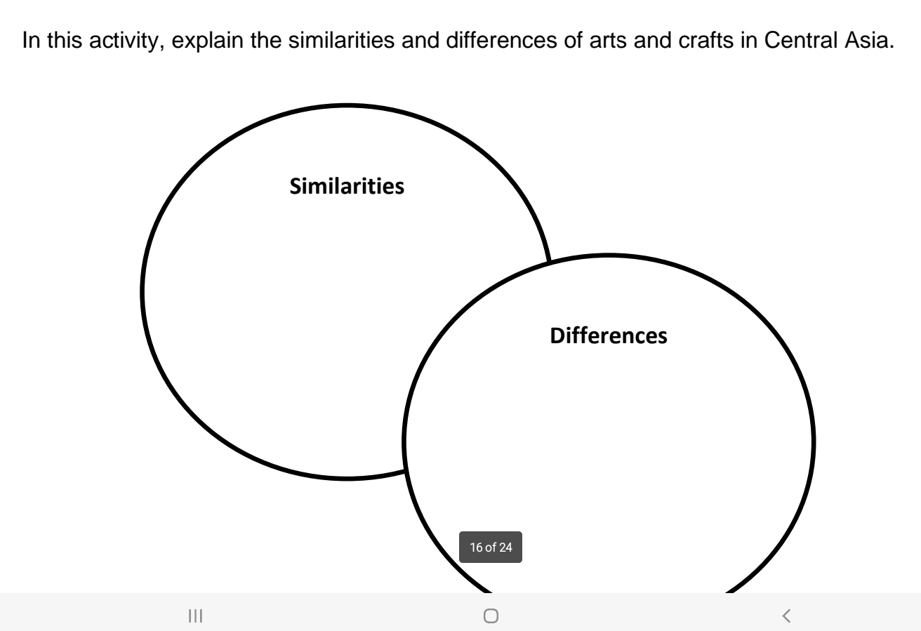 In this activity, explain the similarities and differences of arts and crafts in Central Asia.