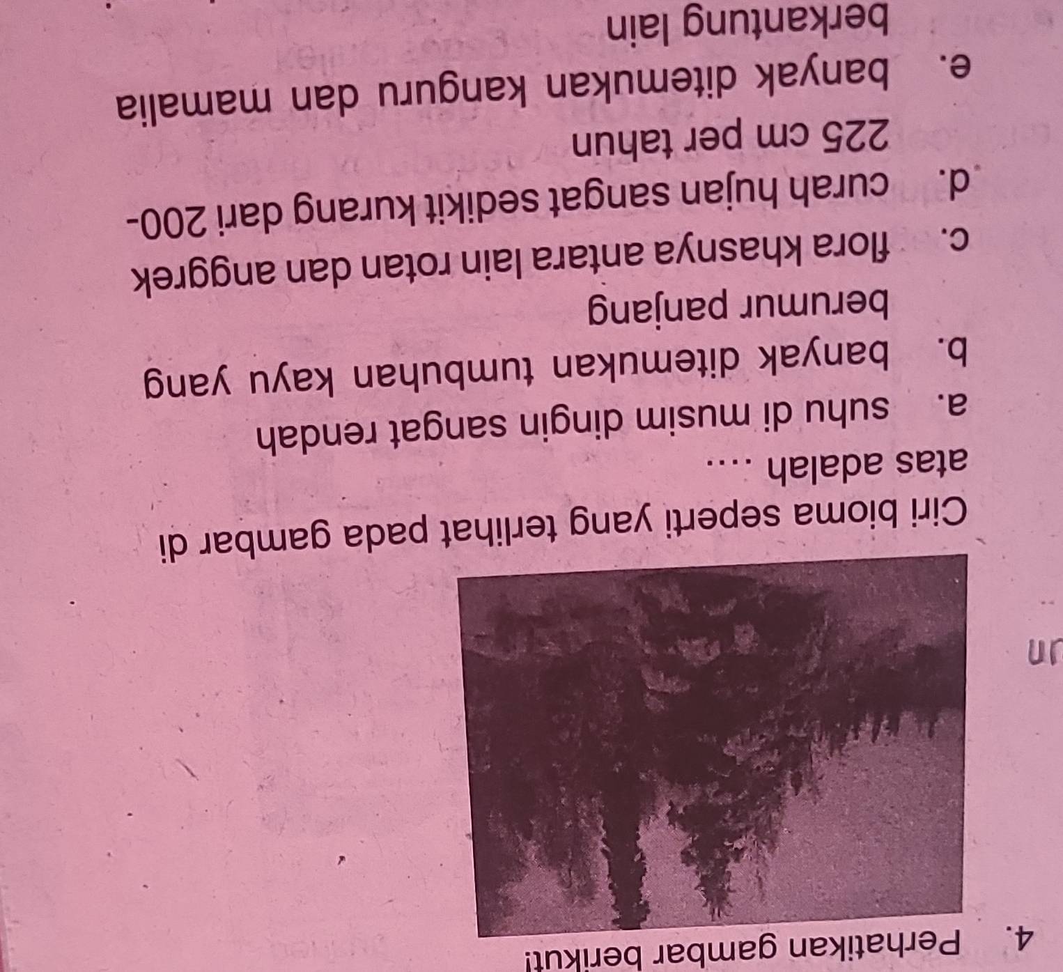 Perhatikan gambar berikut!
Jn
Ciri bioma seperti yang terlihat pada gambar di
atas adalah …..
a. suhu di musim dingin sangat rendah
b. banyak ditemukan tumbuhan kayu yang
berumur panjang
c. flora khasnya antara lain rotan dan anggrek
d. curah hujan sangat sedikit kurang dari 200-
225 cm per tahun
e. banyak ditemukan kanguru dan mamalia
berkantung lain