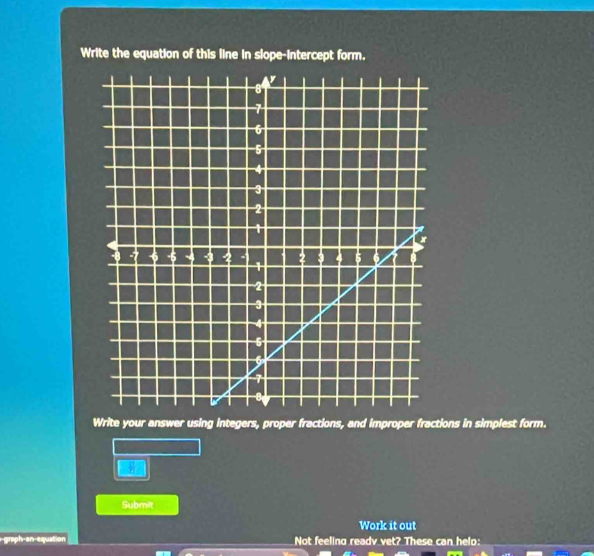 Write the equation of this line in slope-intercept form. 
Write your answer using integers, proper fractions, and improper fractions in simplest form. 
 □ /□   
Subrnit 
Work it out 
graph-an-equation Not feeling ready vet? These can helo: