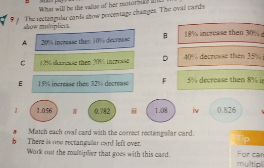 What will be the value of her motorbike afc
9 The rectangular cards show percentage changes. The oval cards
show multipliers.
A 20% increase then 10% decrease B 18% increase then 30%
C 12% decrease then 20% increase D 40% decrease then 35%
E 15% increase then 32% decrease F 5% decrease then 8% ir
i 1.056 ⅱ 0.782 ⅲi 1.08 iv 0.826
a Match each oval card with the correct rectangular card. n 
b There is one rectangular card left over.
Work out the multiplier that goes with this card. For car
multipli