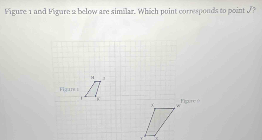 Figure 1 and Figure 2 below are similar. Which point corresponds to point J?