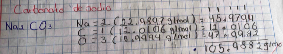 CarbomaAd de podia 111
M va_2CO_3 Na=2(22.9897g/mol)=45.9794
C=1(12.0106g/mol)=12.0106
o=3(10.9994g/mol)= 47· 9982/105.9882g/mol 