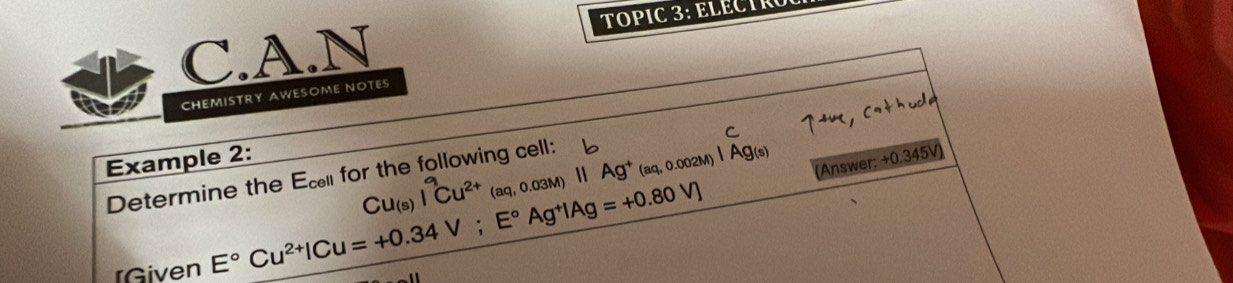 TOPIC 3: ELÉCTRO 
CHEMISTRY AWESOME NOTES 
Example 2: 
(Answer: +0.345V)
Determine the Ecl for the following cell: Cu_(s)|^+Cu^(2+)(aq,0.03M)|ag^+(aq,0.002M)|overline Ag(s) b 
Given E°Cu^(2+)|Cu=+0.34V; E°Ag^+|Ag=+0.80V]