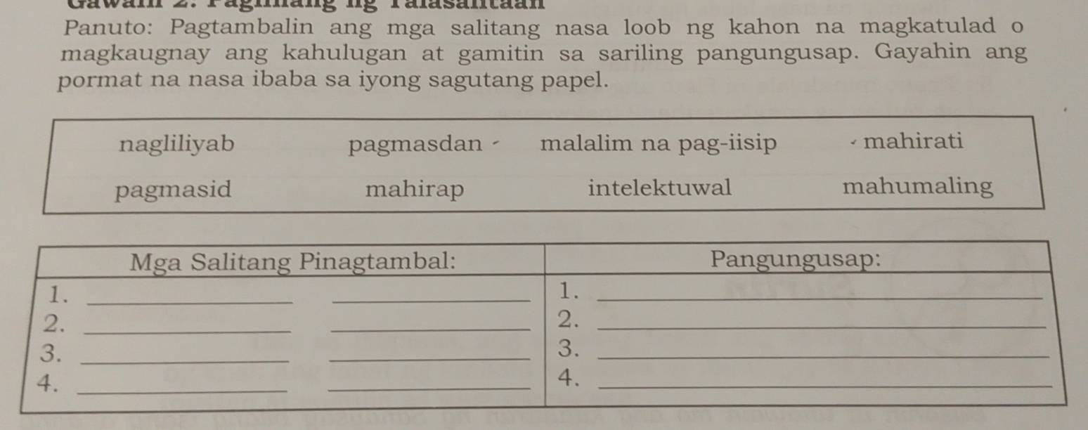 Gawain 2. Pägiang ng ralasantaan 
Panuto: Pagtambalin ang mga salitang nasa loob ng kahon na magkatulad o 
magkaugnay ang kahulugan at gamitin sa sariling pangungusap. Gayahin ang 
pormat na nasa ibaba sa iyong sagutang papel.