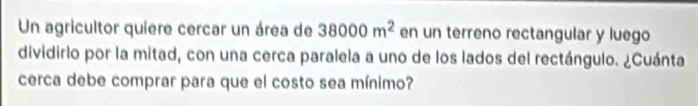 Un agricultor quiere cercar un área de 38000m^2 en un terreno rectangular y luego 
dividirlo por la mitad, con una cerca paralela a uno de los lados del rectángulo. ¿Cuánta 
cerca debe comprar para que el costo sea mínimo?