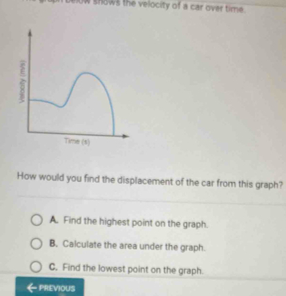 elow shows the velocity of a car over time .
How would you find the displacement of the car from this graph?
A. Find the highest point on the graph.
B. Calculate the area under the graph.
C. Find the lowest point on the graph.
PREVIOUS