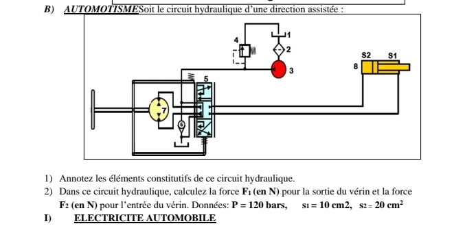 AUTOMOTISMESoit le circuit hydraulique d'une direction assistée : 
1) Annotez les éléments constitutifs de ce circuit hydraulique. 
2) Dans ce circuit hydraulique, calculez la force F_1 (en N) pour la sortie du vérin et la force
F_2 (en N) pour l'entrée du vérin. Données: P=120 bars, s_1=10cm2, s_2=20cm^2
I) ELECTRICITE AUTOMOBILE