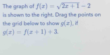 The graph of f(x)=sqrt(2x+1)-2
is shown to the right. Drag the points on 
the grid below to show g(x) , if
g(x)=f(x+1)+3.