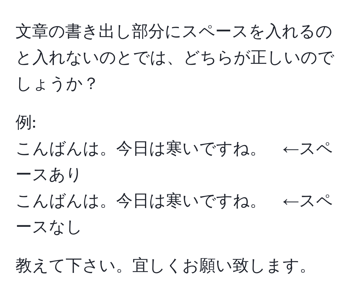 文章の書き出し部分にスペースを入れるのと入れないのとでは、どちらが正しいのでしょうか？

例:
こんばんは。今日は寒いですね。　←スペースあり
こんばんは。今日は寒いですね。　←スペースなし

教えて下さい。宜しくお願い致します。