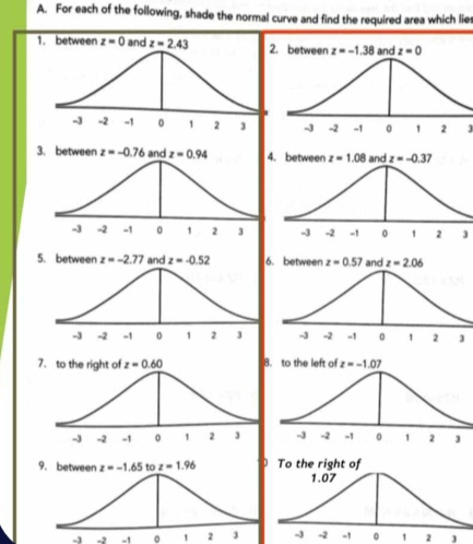 For each of the following, shade the normal curve and find the required area which lier
3
3
 
-3 -2 -1 。 1 2  。 1 2 J