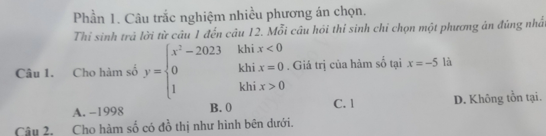 Phần 1. Câu trắc nghiệm nhiều phương án chọn.
Thỉ sinh trả lời từ câu 1 đến câu 12. Mỗi câu hỏi thí sinh chỉ chọn một phương án đúng nhấ
Câu 1. Cho hàm số y=beginarrayl x^2-2023khix<0 0khix=0 1khix>0endarray.. Giá trị của hàm số tại x=-5 là
C. 1
A. -1998 B. 0 D. Không tồn tại.
Câu 2. Cho hàm số có đồ thị như hình bên dưới.