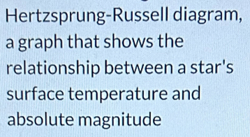 Hertzsprung-Russell diagram, 
a graph that shows the 
relationship between a star's 
surface temperature and 
absolute magnitude