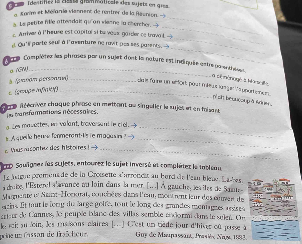 a Identifiez la classe grammaticale des sujets en gras. 
_ 
a. Karim et Mélanie viennent de rentrer de la Réunion. 
b. La petite fille attendait qu’on vienne la chercher. 
_ 
c. Arriver à l’heure est capital si tu veux garder ce travail. 
_ 
d. Qu'il parte seul à l’aventure ne ravit pas ses parents. 
_ 
re Complétez les phrases par un sujet dont la nature est indiquée entre parenthèses. 
a. (GN) 
b. (pronom personnel)_ 
la déménagé à Marseille. 
dois faire un effort pour mieux ranger l'appartement. 
c. (groupe infinitif)_ 
plaît beaucoup à Adrien, 
000 Réécrivez chaque phrase en mettant au singulier le sujet et en faisant 
les transformations nécessaires. 
a. Les mouettes, en volant, traversent le ciel._ 
b. À quelle heure fermeront-ils le magasin ?_ 
c. Vous racontez des histoires !_ 
D Soulignez les sujets, entourez le sujet inversé et complétez le tableau. 
La longue promenade de la Croisette s’arrondit au bord de l’eau bleue. Là-bas, 
à droite, l’Esterel s’avance au loin dans la mer. […] À gauche, les îles de Sainte- 
Marguerite et Saint-Honorat, couchées dans l’eau, montrent leur dos couvert de 
sapins. Et tout le long du large golfe, tout le long des grandes montagnes assises 
autour de Cannes, le peuple blanc des villas semble endormi dans le soleil. On 
les voit au loin, les maisons claires […] C’est un tiède jour d’hiver où passe à 
peine un frisson de fraîcheur. Guy de Maupassant, Première Neige, 1883.