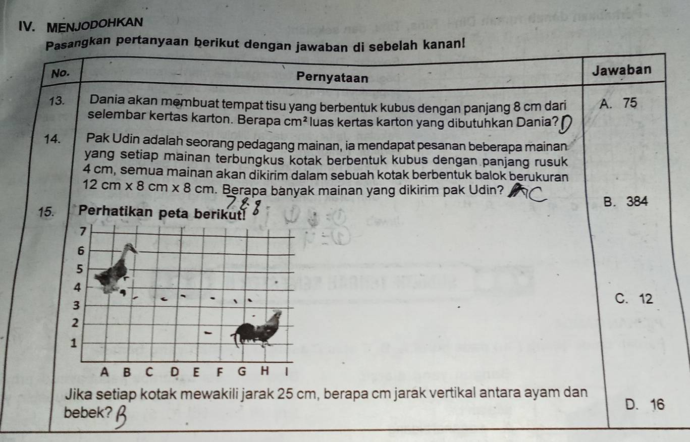 MENJODOHKAN
Pasangkan pertanyaan berikut dengan jawaban di sebelah kanan!
No. Pernyataan Jawaban
13. Dania akan membuat tempat tisu yang berbentuk kubus dengan panjang 8 cm dari A. 75
selembar kertas karton. Berapa cm^2 luas kertas karton yang dibutuhkan Dania?
14. Pak Udin adalah seorang pedagang mainan, ia mendapat pesanan beberapa mainan
yang setiap mainan terbungkus kotak berbentuk kubus dengan panjang rusuk
4 cm, semua mainan akan dikirim dalam sebuah kotak berbentuk balok berukuran
12cm* 8cm* 8cm. Berapa banyak mainan yang dikirim pak Udin?
B. 384
15. Perhatikan peta berikut!
7
6
5
4
3
C. 12
2
-
1
A B C D E F G H |
Jika setiap kotak mewakili jarak 25 cm, berapa cm jarak vertikal antara ayam dan D. 16
bebek?