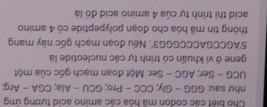 Cho biết các codon mã hóa các amino acid tương ứng 
như sau: GGG - Gly; CCC - Pro; GCU - Ala; CGA - Arg; 
UCG - Ser; AGC - Ser. Một đoạn mạch gốc của một 
gene ở vi khuấn có trình tự các nucleotide là 
5'AGCCGACCCGGG3'. Nếu đoạn mạch gốc này mang 
thông tin mã hóa cho đoạn polypeptide có 4 amino 
acid thì trình tự của 4 amino acid đó là
