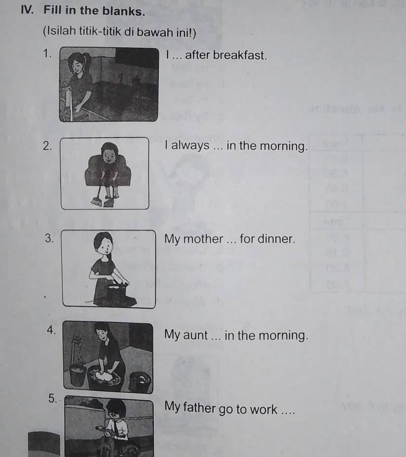 Fill in the blanks. 
(Isilah titik-titik di bawah ini!) 
1 ... after breakfast. 
2. I always ... in the morning. 
3My mother ... for dinner. 
4 
My aunt ... in the morning. 
5. 
My father go to work ....