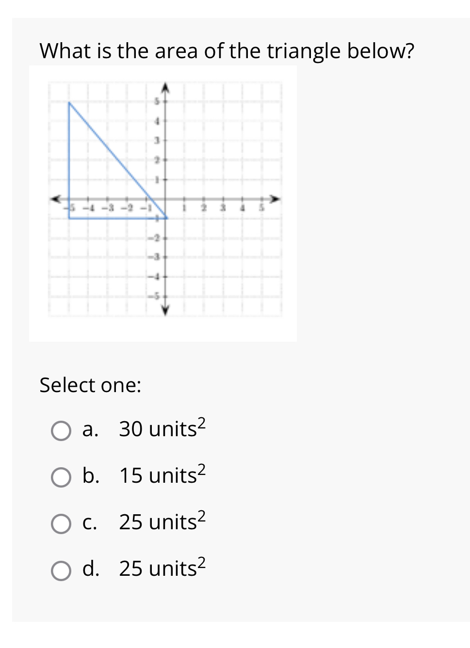 What is the area of the triangle below?
Select one:
a. 30units^2
b. 15units^2
C. 25units^2
d. 25units^2