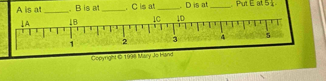 A is at _. B is at _. C is at _. D is at _, Put E at 5 1/4 . 
Copyright © 1998 Mary Jo Hand