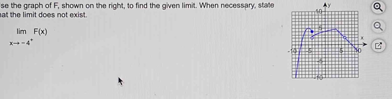 se the graph of F, shown on the right, to find the given limit. When necessary, state 
at the limit does not exist.
limlimits _xto -4^+F(x)
z