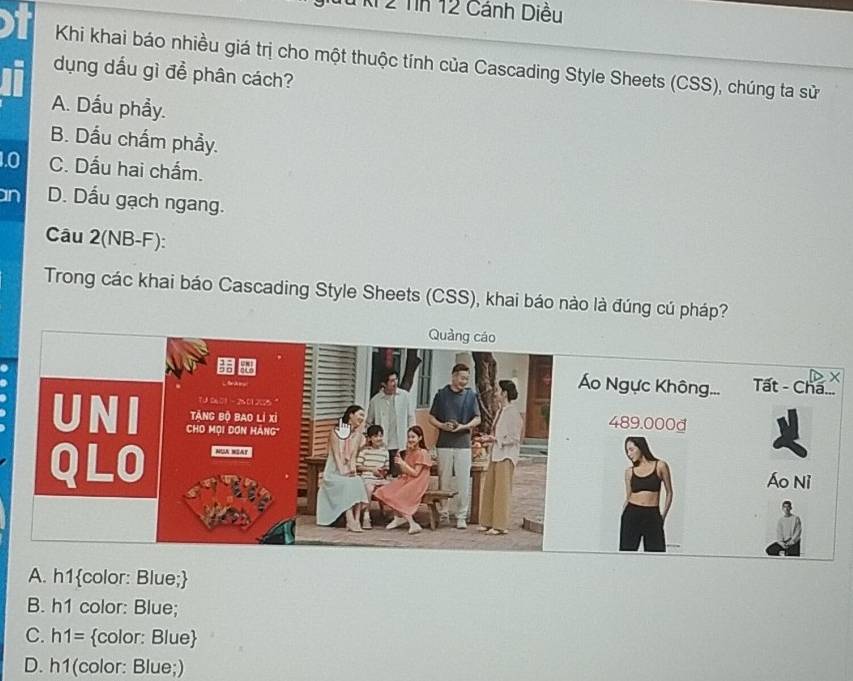 Tin 12 Cánh Diều
Khi khai báo nhiều giá trị cho một thuộc tính của Cascading Style Sheets (CSS), chúng ta sử
dụng dấu gì đề phân cách?
A. Dầu phẩy.
B. Dấu chấm phầy.
1.0 C. Dấu hai chấm.
an D. Dấu gạch ngang.
Câu 2(NB-F):
Trong các khai báo Cascading Style Sheets (CSS), khai báo nào là đúng cú pháp?
A. h1color: Blue;
B. h1 color: Blue;
C. h 1= color: Blue
D. h1 (color: Blue;)