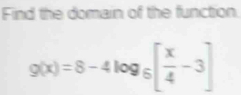 Find the domain of the function
g(x)=8-4log _6[ x/4 -3]