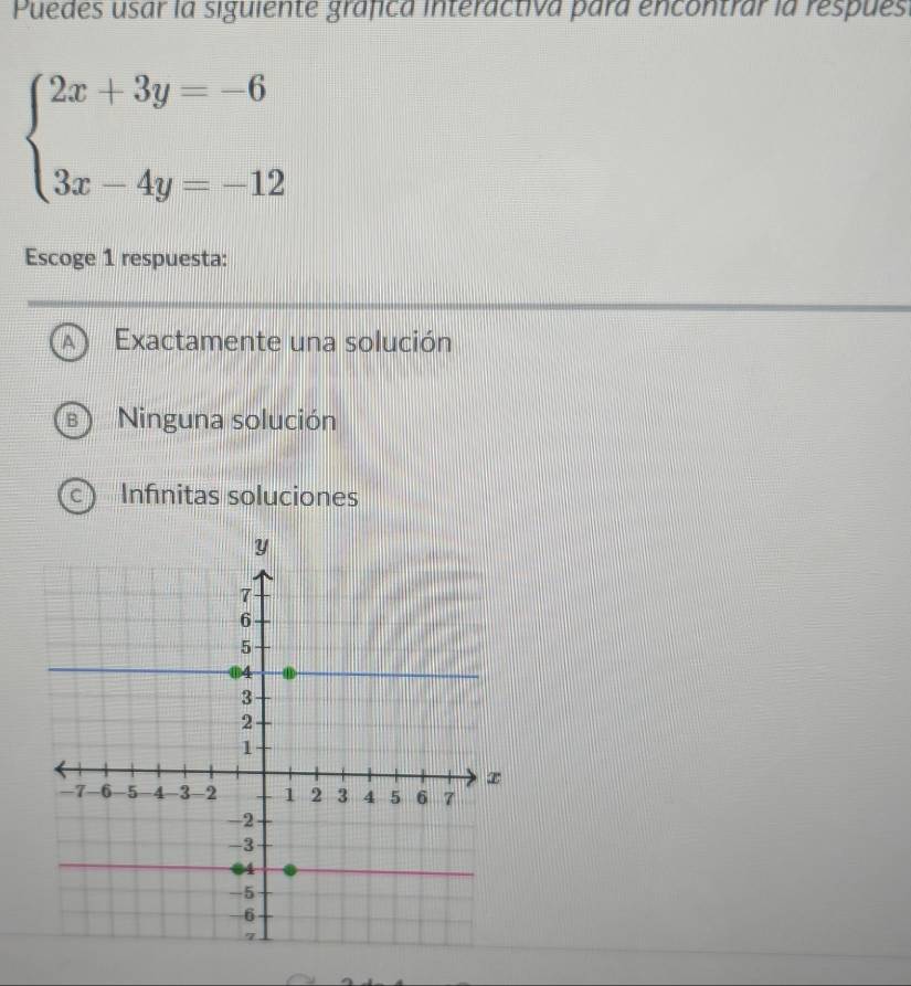 Puedes usar la siguiente gráfica interactiva para encontrar la respues.
beginarrayl 2x+3y=-6 3x-4y=-12endarray.
Escoge 1 respuesta:
Exactamente una solución
B Ninguna solución
c Infinitas soluciones